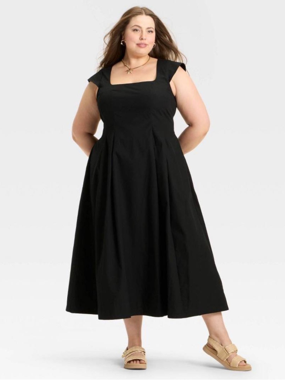 A New Day Black Poplin Midi Dress Elegant Church Dress Timeless Classic Pockets - Picture 2 of 4